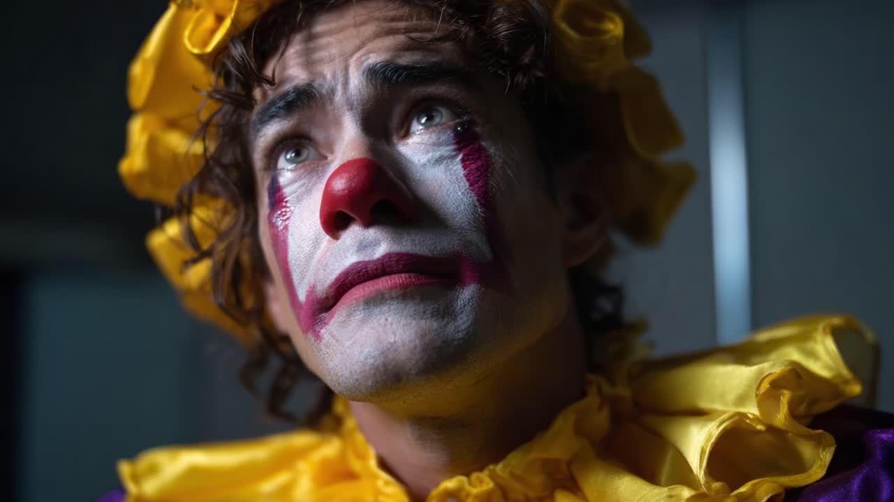 A Deeply Emotional Clown Expresses Vulnerability in Two Distinct Frames, Capturing the Contrast Between Joyful Appearance and Inner Turmoil in a Striking Portrait Series