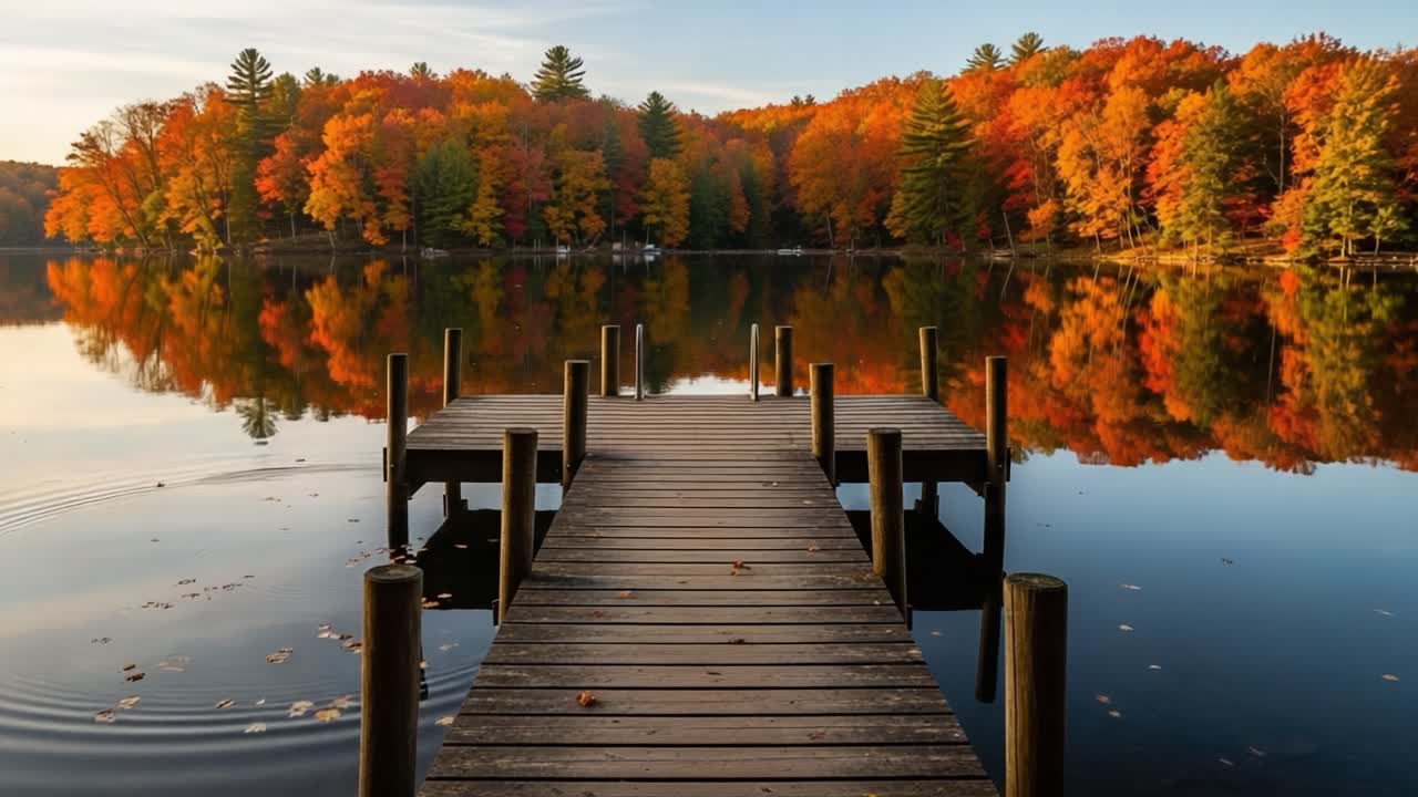 A Serene Autumn Landscape: Captivating Reflections of Vibrant Fall Foliage on Still Waters with a Rustic Dock Amidst Nature's Palette