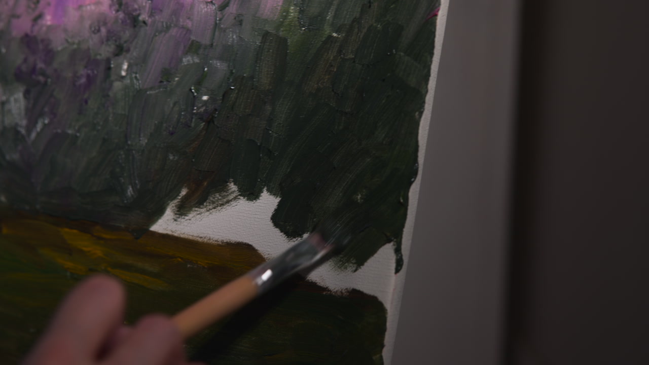 Caucasian Professional Finishing Textured Landscape Details Along Canvas Edge Closeup, Small Brush Adding . Media