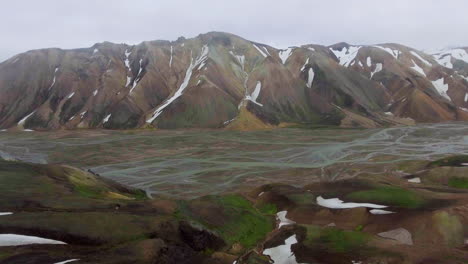 drone aerial footage of landmannalaugar landscape in iceland highlands.