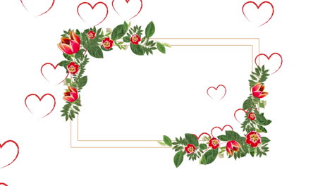 animation of frame with flowers and hearts on white background