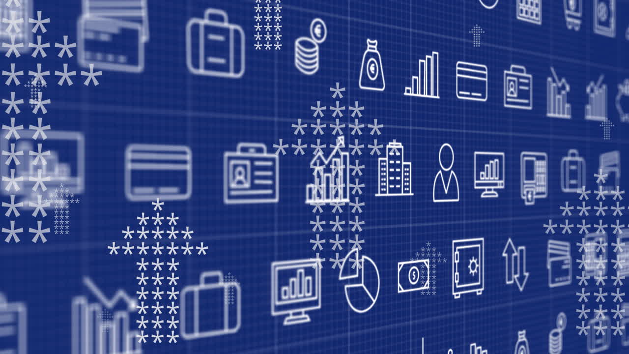 animación de la interfaz con iconos digitales sobre iconos de flecha que se mueven hacia arriba contra un fondo azul