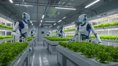advanced agriculture technology: robots cultivating leafy greens in a high-tech indoor farm with automated systems for efficient plant growth and care