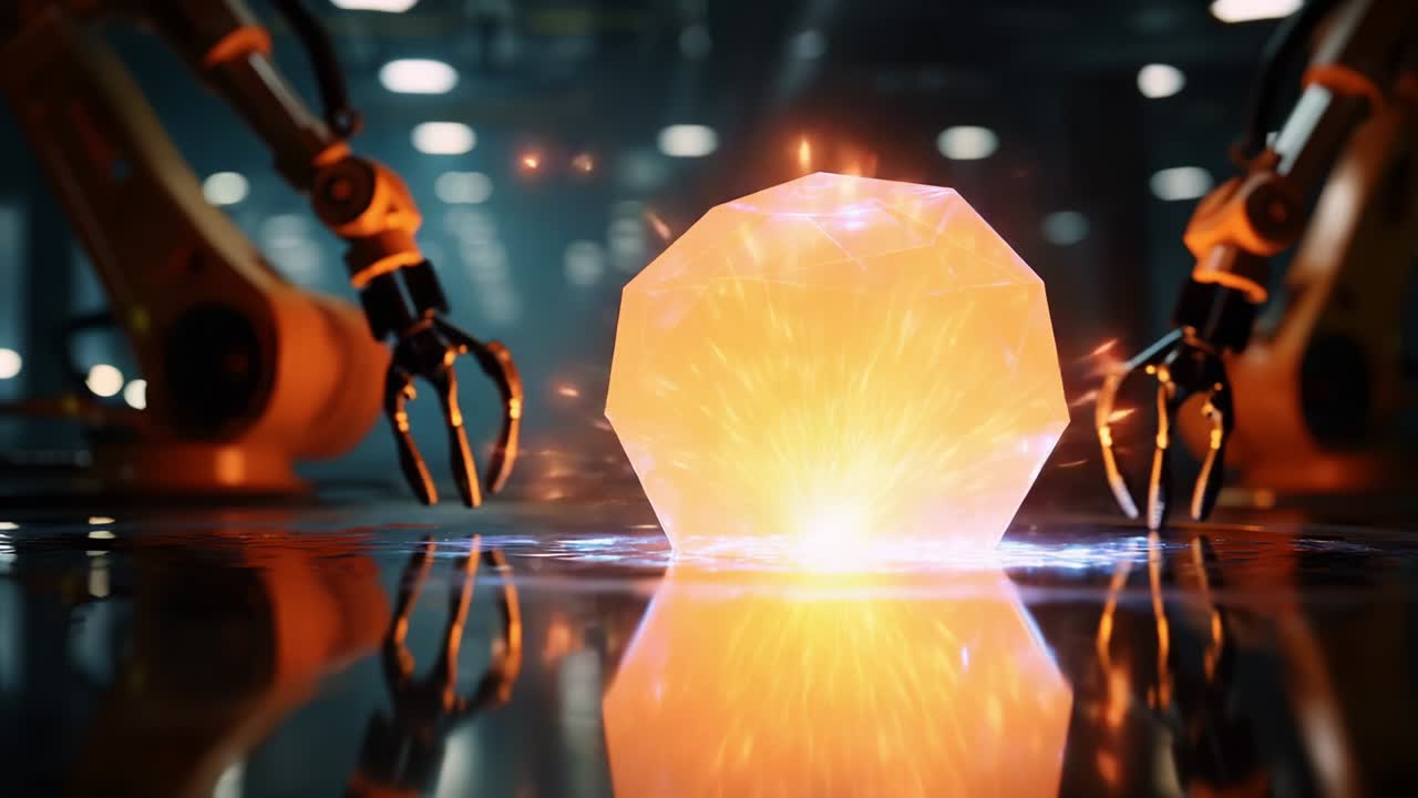 Futuristic Robotic Arms Engaged in Energy Manipulation, Showcasing Intricate Geometric Structure and Luminous Effects in a High-Tech Environment, Illuminating Advanced Technologies and Aesthetics