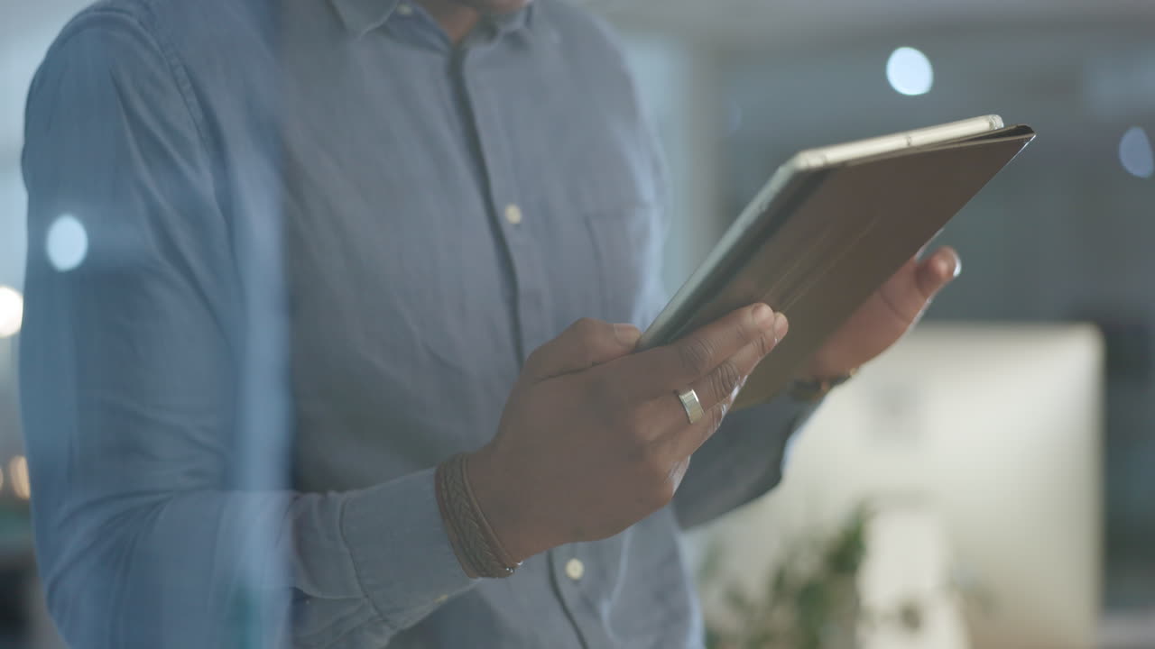 Tablet, business and hands of black man in office