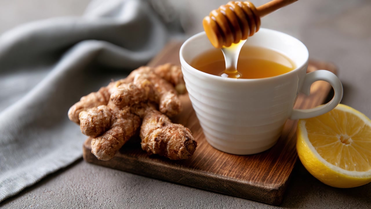 Lämmin kupillinen inkivääriteetä hunajan ja sitruunan kera, täydellinen viihtyisiin hetkiin ja lohdullisiin kokemuksiin, tarjoten terveyshyötyjä ja aromaattisia makuja.