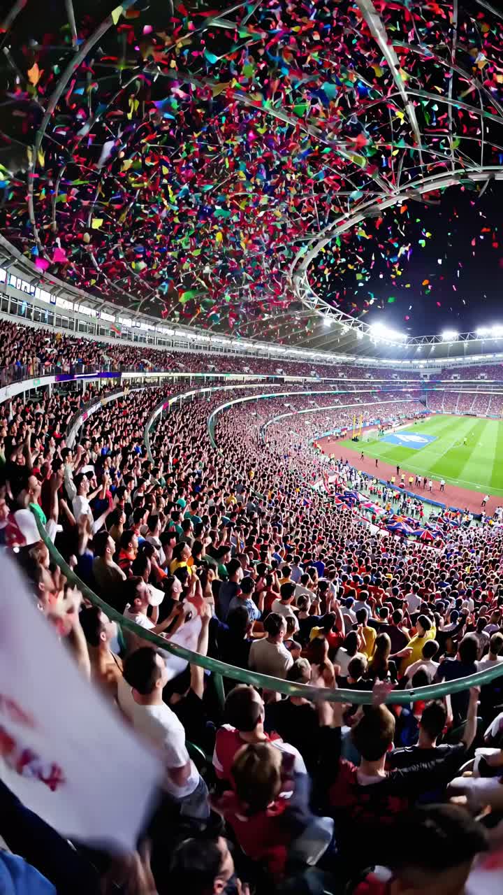 Wide-angle video captures a vibrant stadium filled with cheering fans and colorful confetti raining