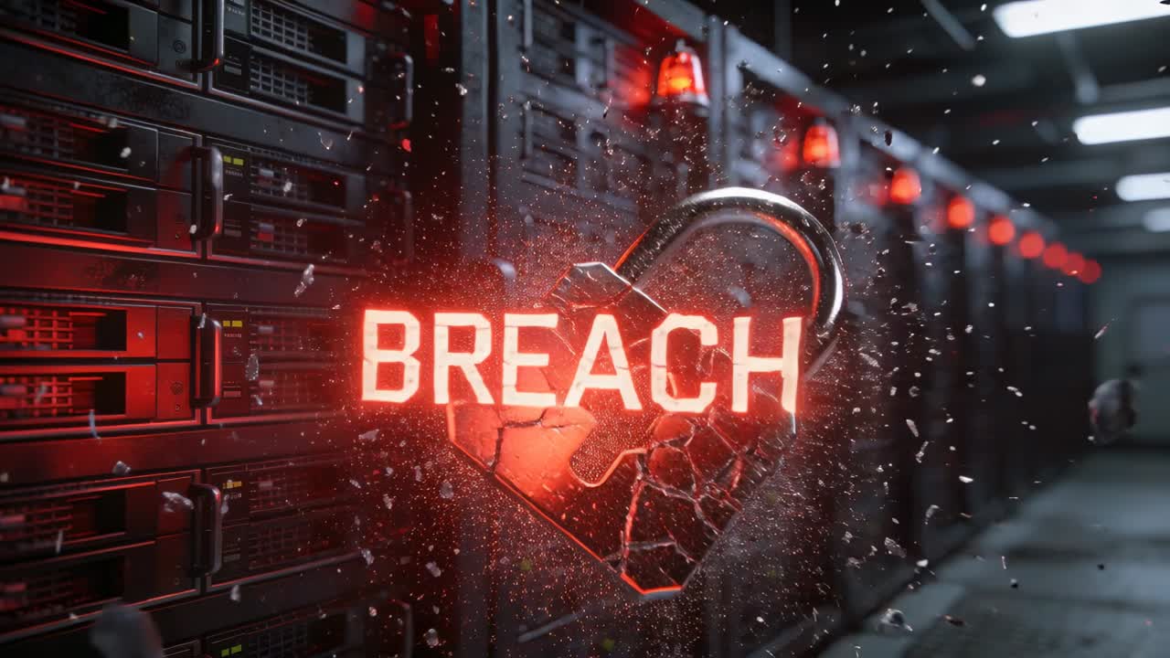 Sparking glowing padlock cracking apart in server aisle, releasing BREACH text signaling breach