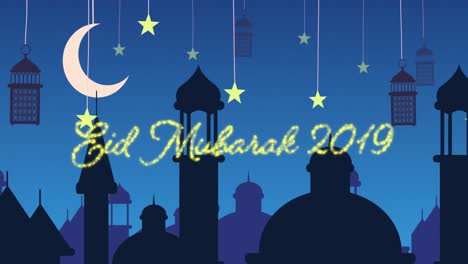 glittery eid mubarak greeting for 2019 with mosques and lanterns with moon and stars