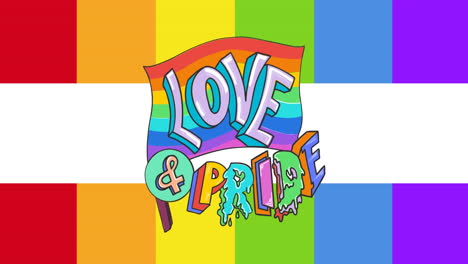 animation of love and pride text over rainbow stripes