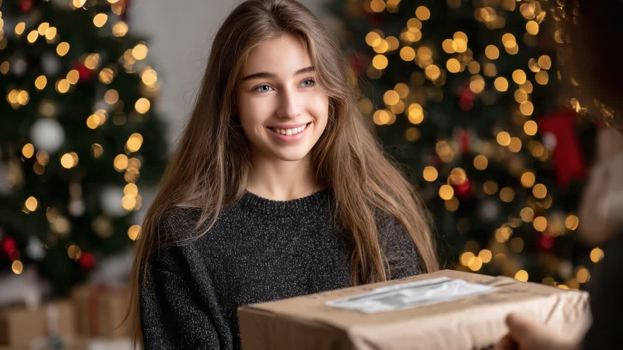 Smiling Young Woman Receives a Gift Box During Holiday Season, Surrounded by Beautifully Decorated Christmas Trees with Twinkling Lights and Cheerful Atmosphere