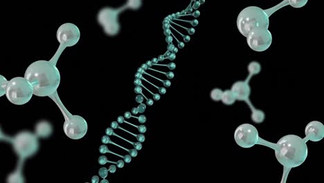 Animation-Von-3D-Mikromolekülen-Und-DNA-Strang-Auf-Schwarzem-Hintergrund