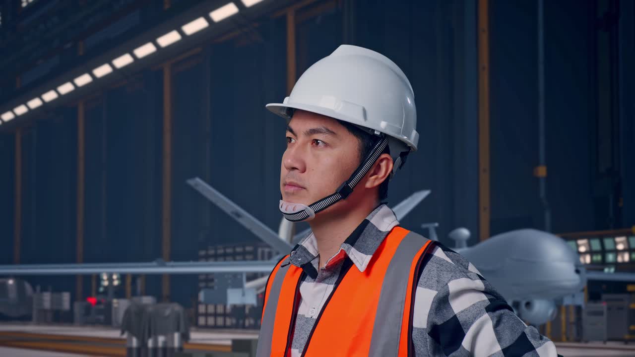 Primo piano laterale di un ingegnere asiatico con elmetto di sicurezza, che si guarda intorno in piedi a braccia conserte, accanto a un moderno drone militare in un hangar di manutenzione con illuminazione industriale.