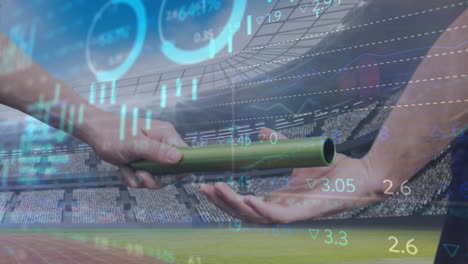 stock market data processing against hand passing a baton against sports stadium