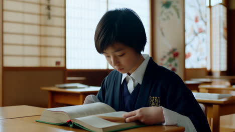 child reading in a traditional japanese classroom