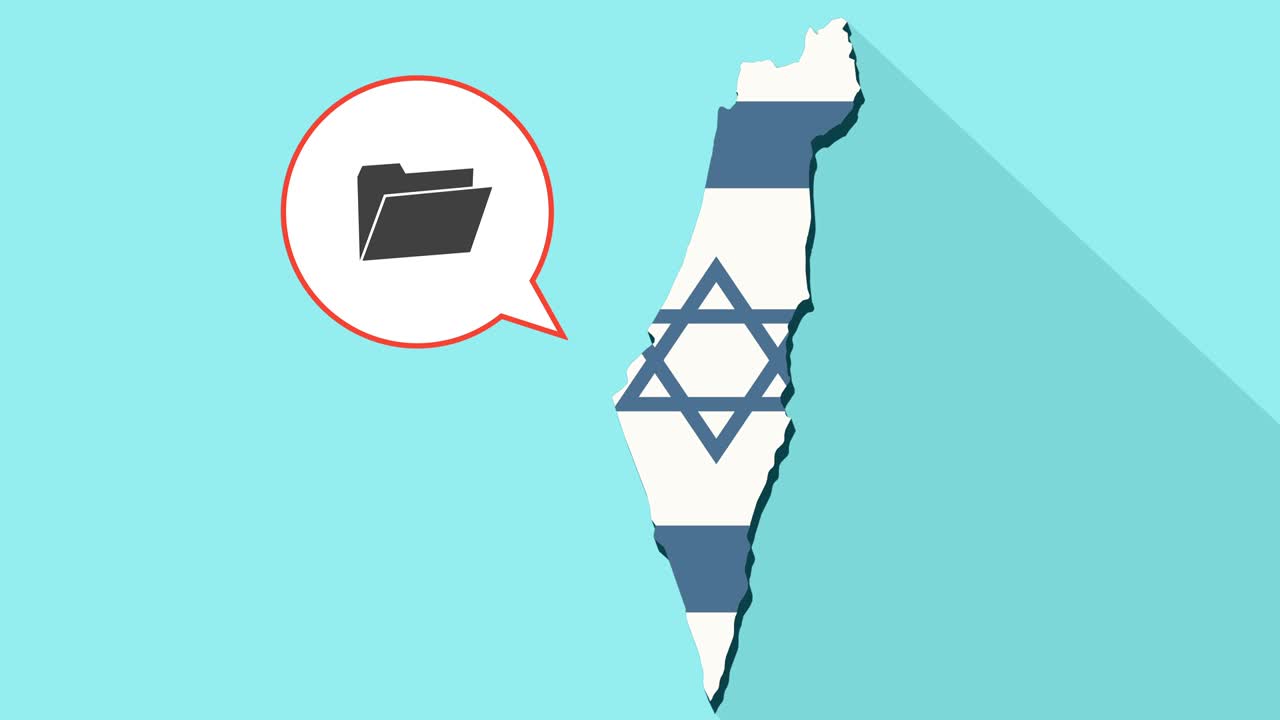 긴 그림자 이스라엘 지도와 그 발, 그리고 폴더가 있는 만화 풍선의 애니메이션