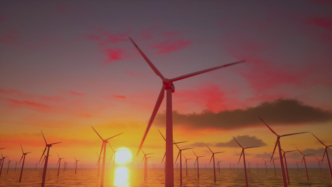 Windmill Park In The Sea. View Of Windmill Turbines Generating Green Energy Electric At Sunset