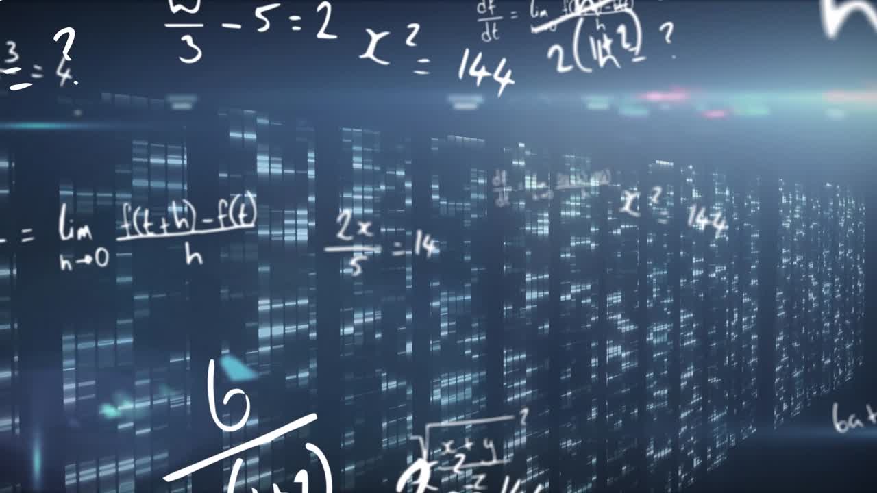 Animation of data processing and lights on blue background