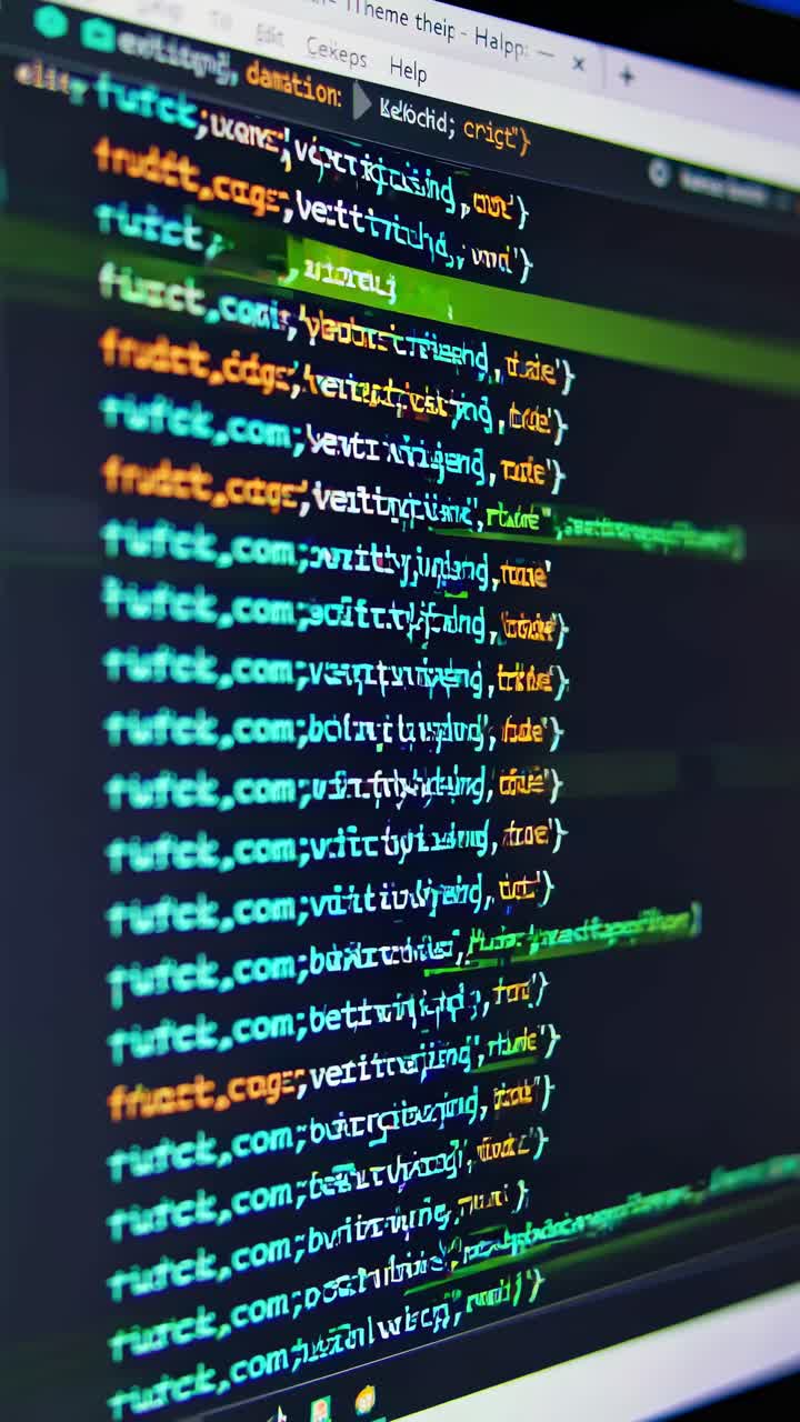 Close-up shot of colorful code on a computer screen, captured at a slight angle