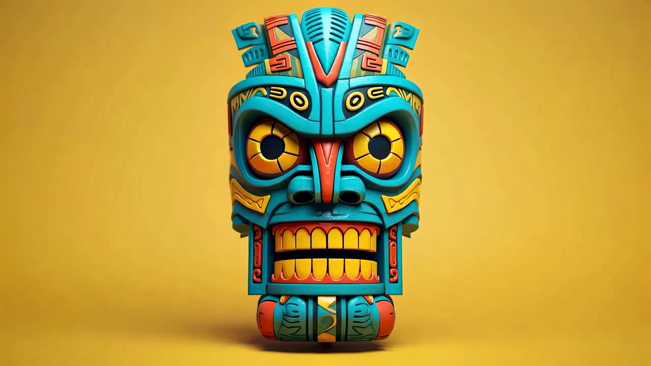 Vibrant Colorful Tiki Mask on Yellow Background