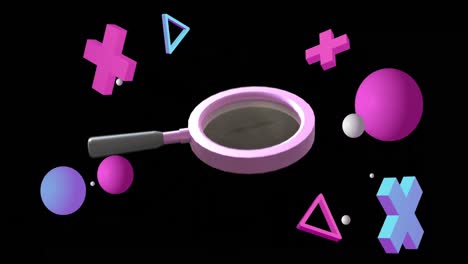 Animation-of-magnifying-glass-spinning-over-abstract-shapes-on-black-background