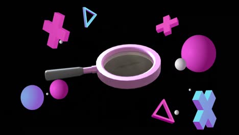 animación de una lupa que gira sobre formas abstractas sobre un fondo negro