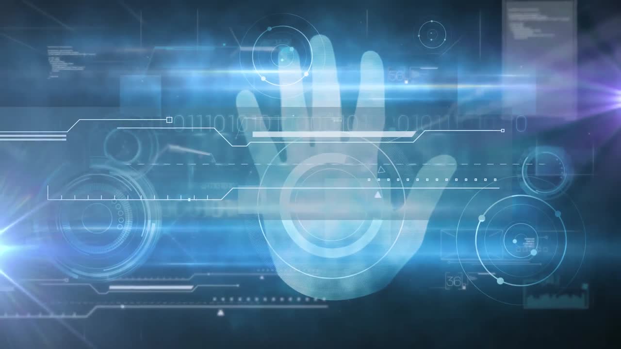 Digital interface with data processing over human hand on blue background