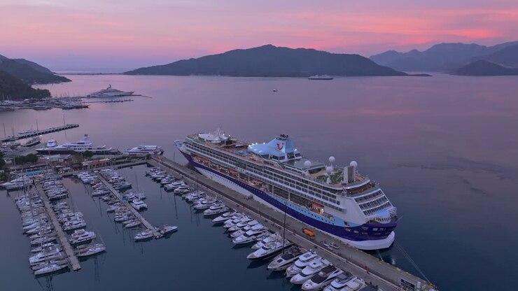 Aerial view of Marmaris marina with moored cruise ship and yachts, Turkey