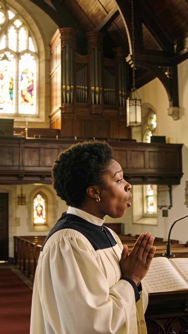 Vertical video: Reading hymnal, soloist in choir robe singing at pulpit with mic for worship