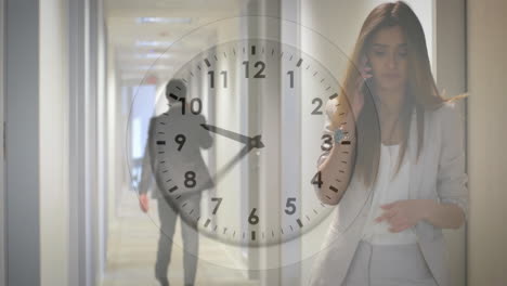 walking in office hallway, businesswoman with clock animation showing time