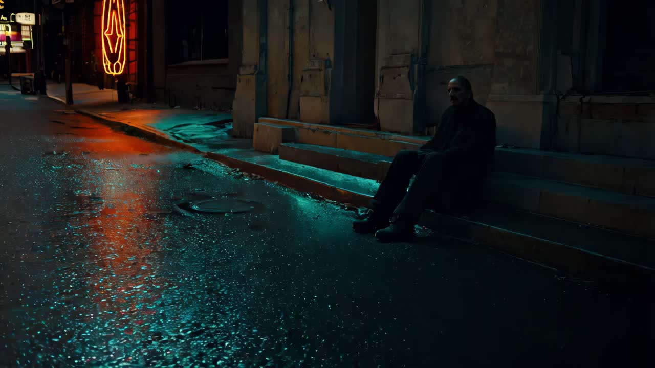 Uomo seduto sui gradini in una notte di città piovosa