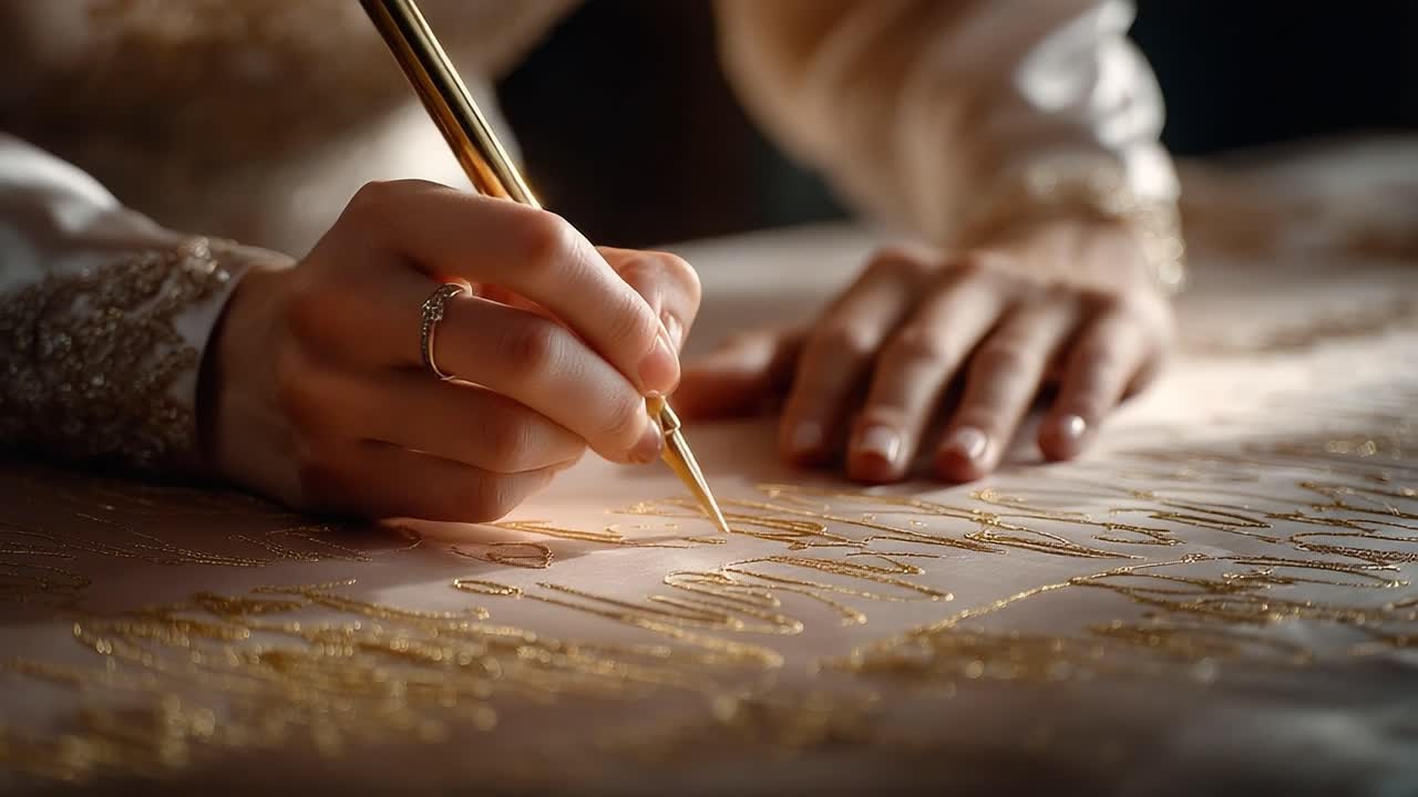 En elegant hånd udøver kalligrafi og skriver delikat med gyldent blæk på en smukt tekstureret overflade i et øjeblik fyldt med kreativitet og inspiration.