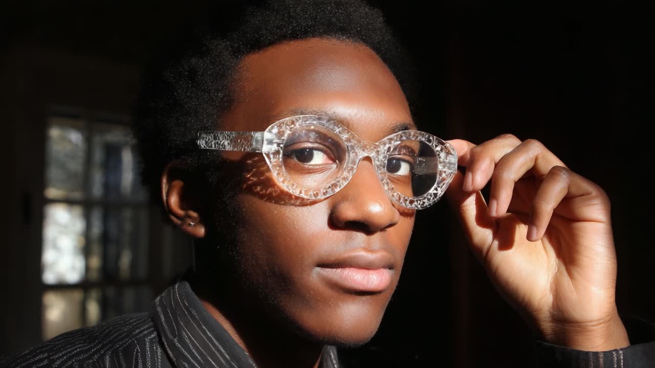 A close-up portrait of a young person wearing stylish clear glasses, showcasing a unique fashion statement in a soft and dramatic lighting environment, emphasizing individuality and confidence