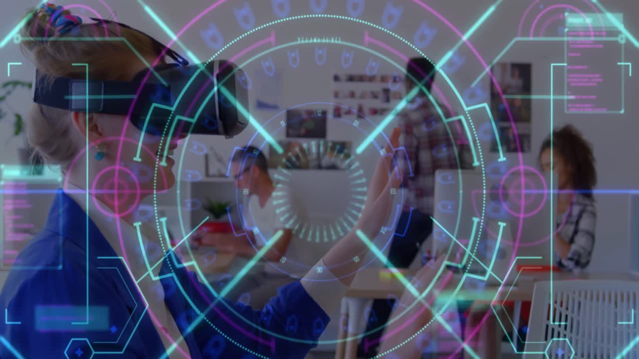 사무실에서 vr 헤드 ⁇ 을 착용하면서 몸짓을 하는 백인 여성에 대한 네온 스캐너