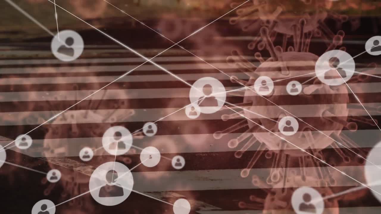 animación de células de macro coronavirus que se propagan sobre las personas iconos y personas en un cruce