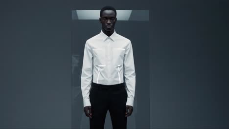 a striking visual journey: a model showcases fashion in a modern setting with elegance and poise, presenting a unique perspective on contemporary style choices