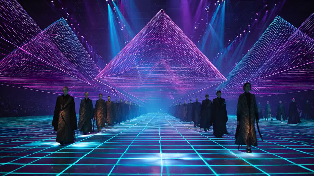 A Spectacular Visual Display of Dance and Light with Beams in a Futuristic Setting, Featuring Stylish Performers Walking Along a Grid Pattern Stage Understated by Vibrant Laser Designs