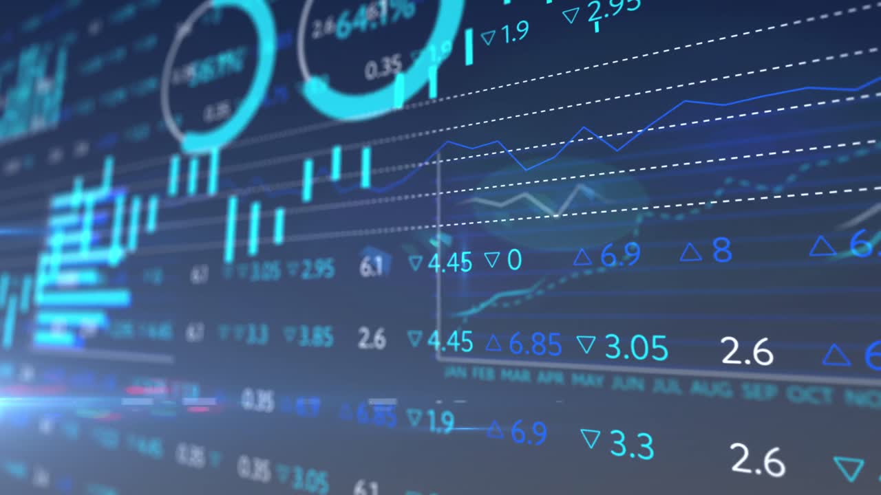 Animation of stock exchange display board with graphs and numbers changing