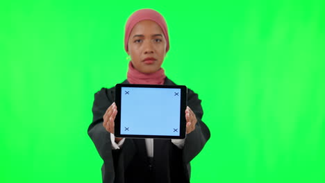 green screen, tablet and woman