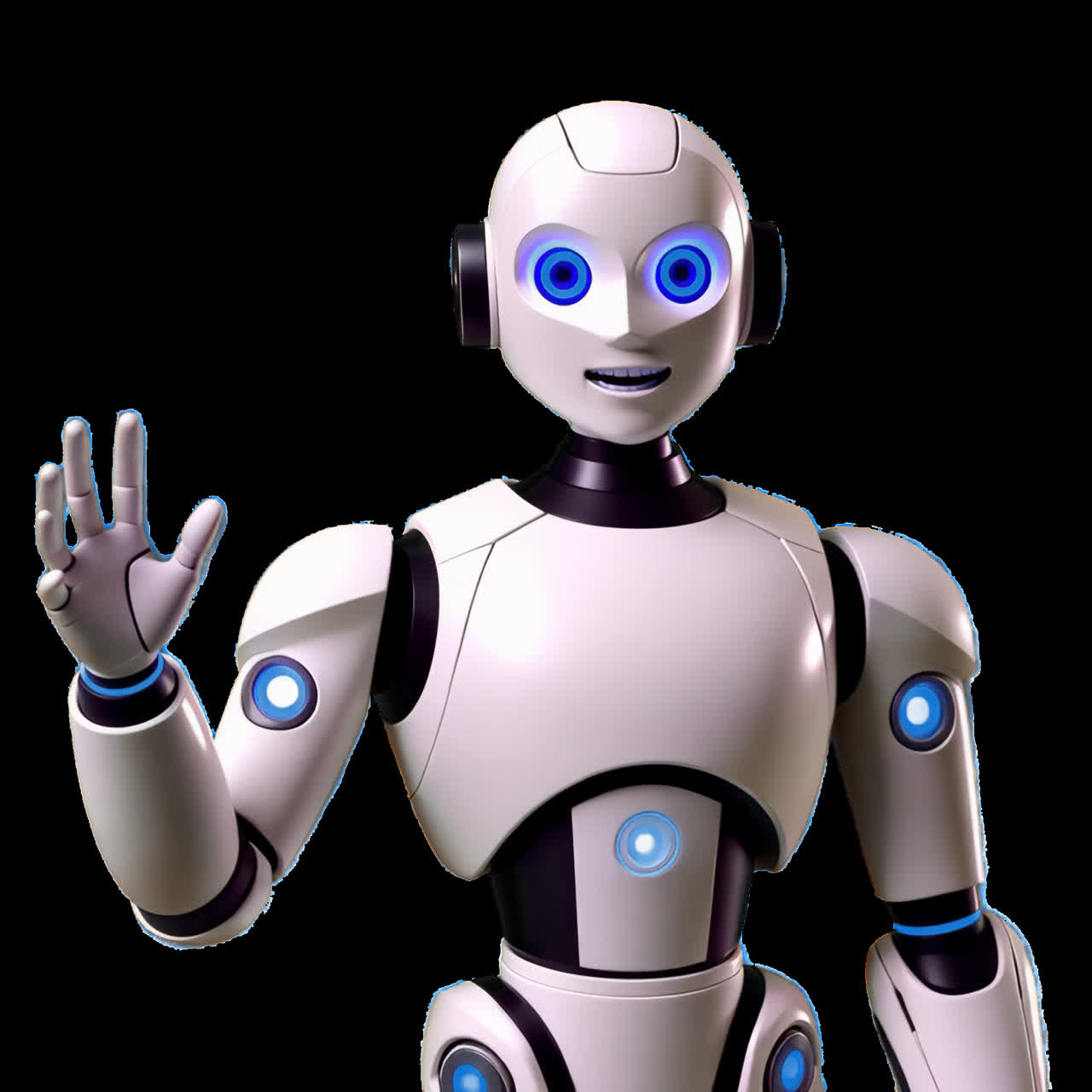 Dost canlısı fütüristik insansı robot animasyonu izole edilmiş kaynak, şeffaf 4K video, alfa kanalı
