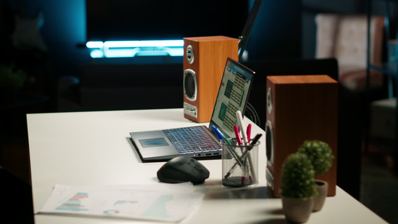 Empty yet inviting home office in a contemporary illuminated apartment