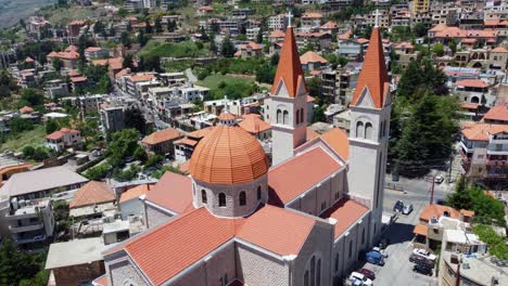 aerial view of saint saba cathedral, a maronite church in bsharri town near kadisha valley in lebanon