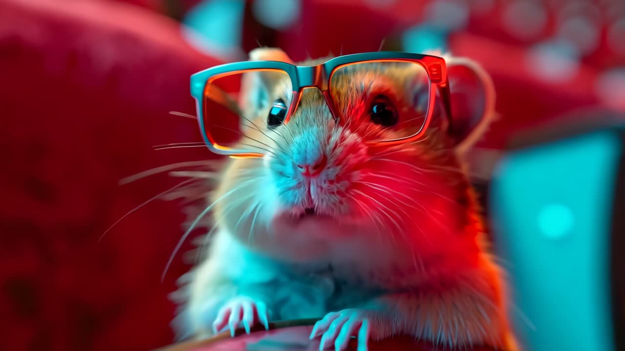 A hamster wearing glasses is looking at the camera. The image has a playful and lighthearted mood, as the hamster is dressed up in a funny outfit