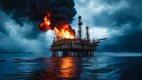 an oil rig in the middle of the ocean with a large plume of smoke coming out of it