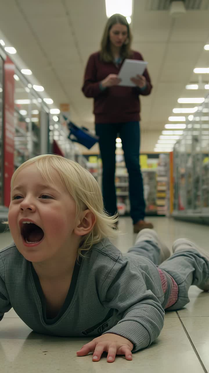 Vertical video: Crying toddler in grey set lying on tile pushing, parent using tablet by stroller
