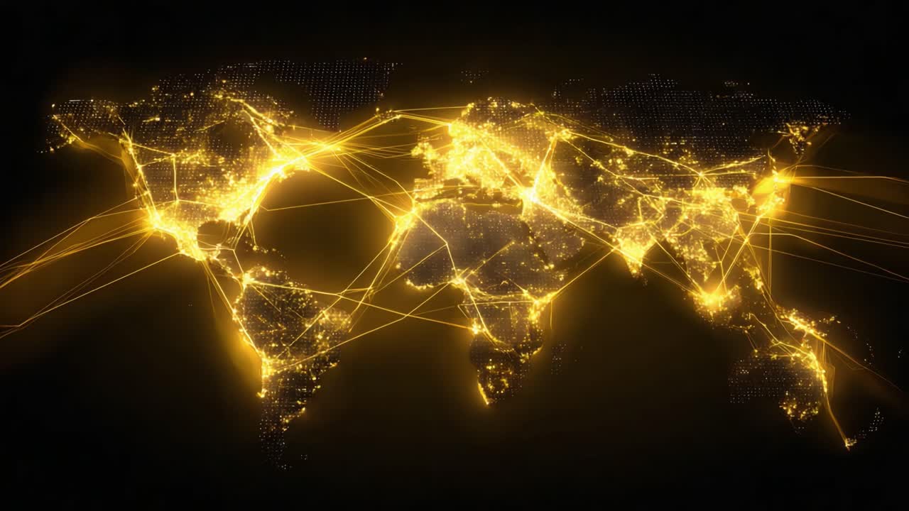 Illuminated Global Network: A Dynamic Visualization of Connectivity Across Continents Highlighting Digital Interactions and Data Flow on a Radiant World Map