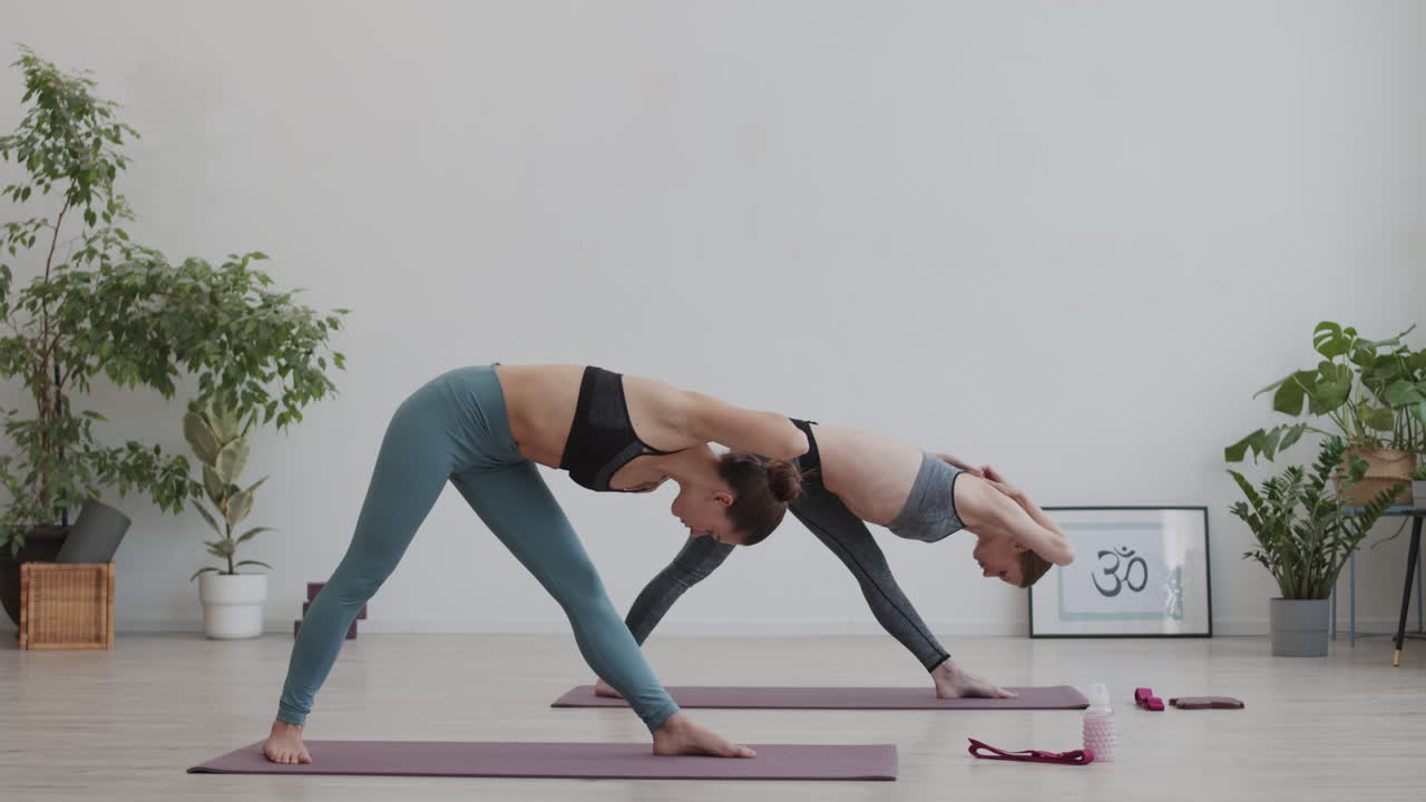 dos yogies haciendo una postura con las manos detrás de la espalda