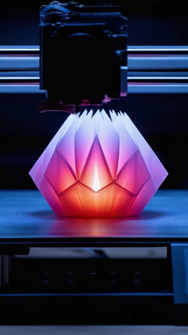 Brilho Cativante: Uma Impressora 3D Criando Artisticamente uma Escultura Geométrica Rosa Iluminada Deslumbrante Sob Iluminação Suave.
