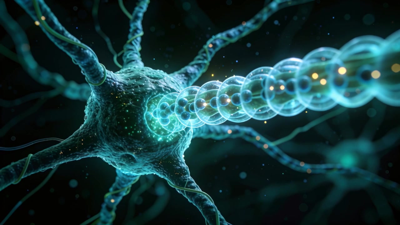 Propagating axon signal from hillock, neuron soma transmitting glowing beads along axon, copy space
