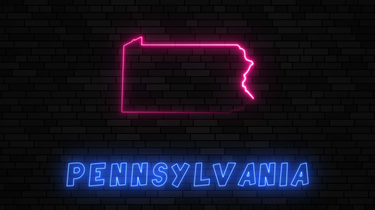 Commonwealth of Pennsylvania map silhouette with neon line on a dark brick wall background
